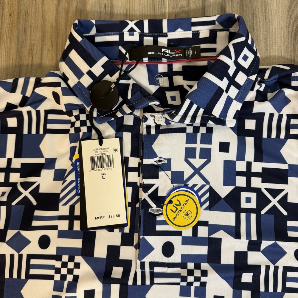 NWT RLX Ralph Lauren Polo Shirt Mens L Navy White Geometric Golf UV Protection